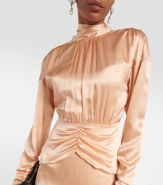 Tie-neck silk satin midi dress