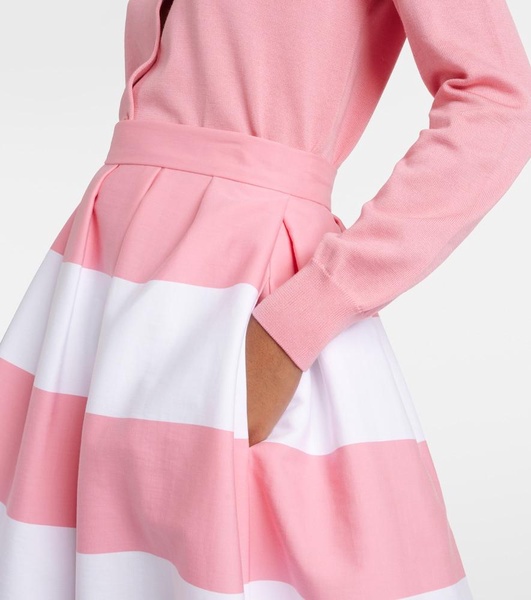 Striped pleated cotton-blend midi skirt