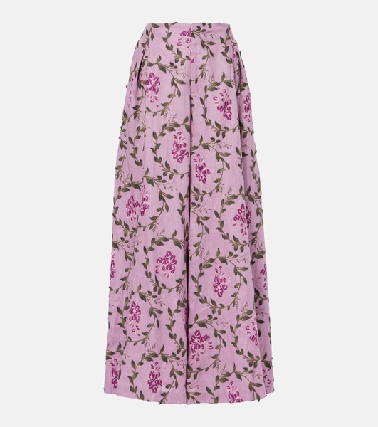 Marea Wisteria embroidered linen wide-leg pants