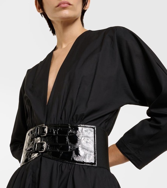 Leather-trimmed cotton midi dress