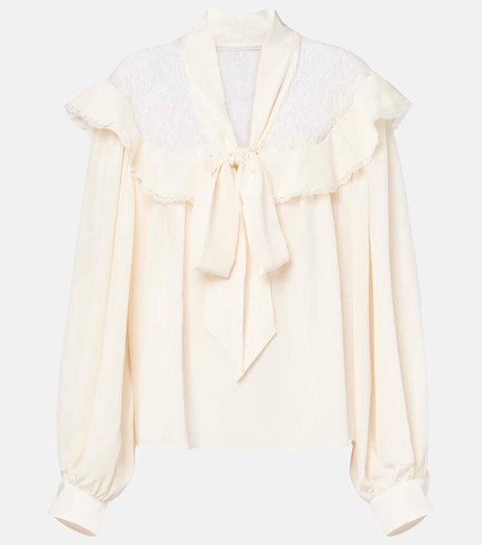 Bow-detail lace-trimmed silk blouse