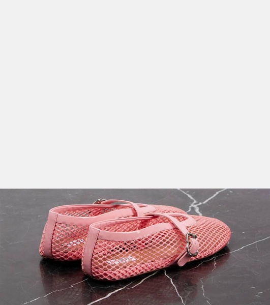 Patent leather-trimmed mesh flats