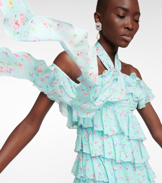 Halterneck ruffle-detail silk minidress