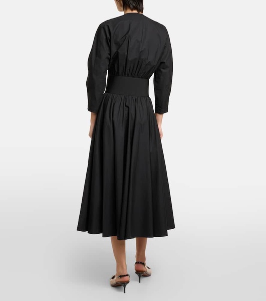 Leather-trimmed cotton midi dress