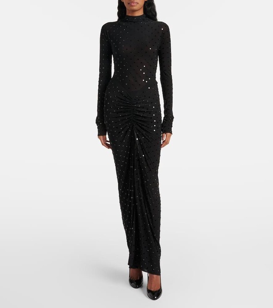 Embellished ruched jersey maxi dress