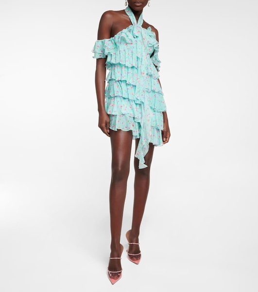 Halterneck ruffle-detail silk minidress
