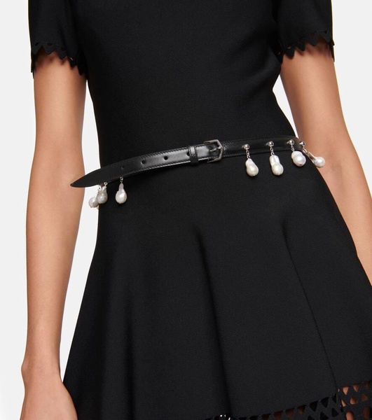 Faux pearl-embellished leather belt