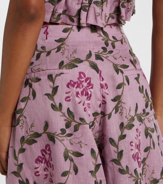 Marea Wisteria embroidered linen wide-leg pants