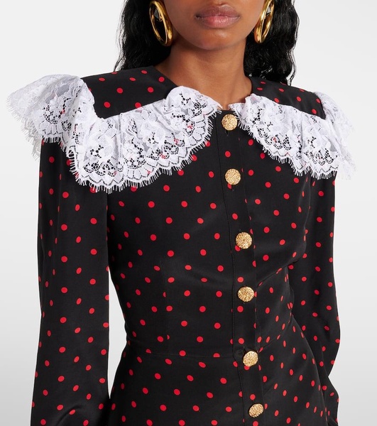 Polka-dot lace-trimmed silk minidress