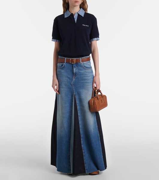 Patchwork high-rise denim maxi skirt