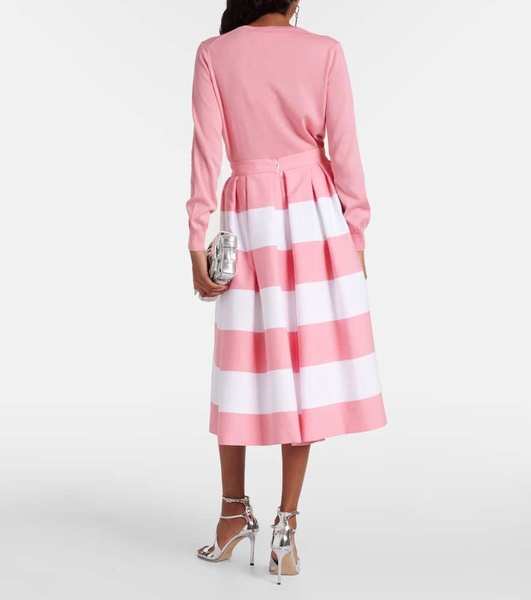 Striped pleated cotton-blend midi skirt