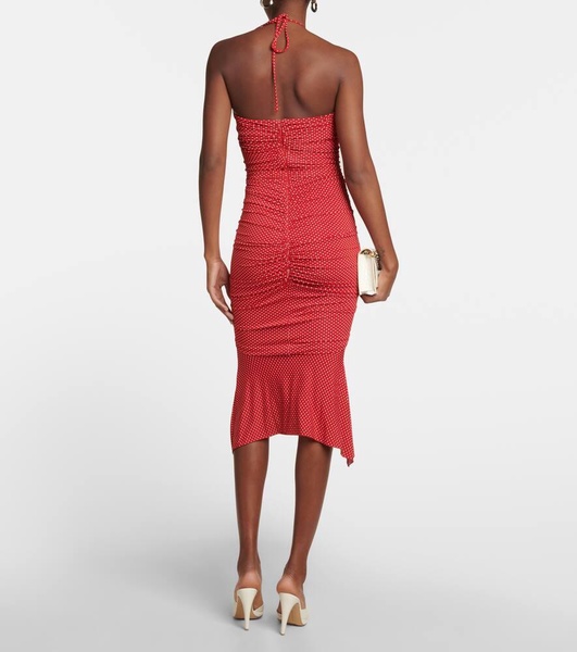 Polka-dot ruched cutout midi dress