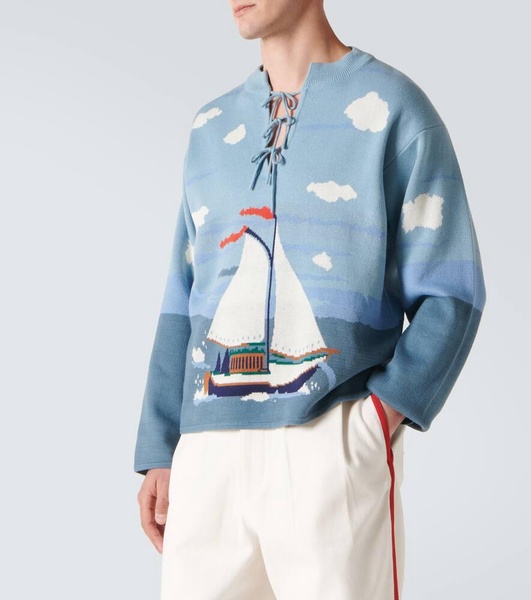Pinafore bow-detail cotton jacquard sweater