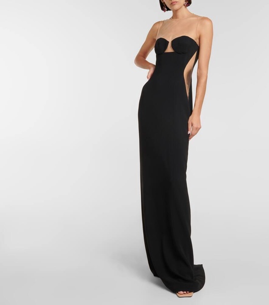 Mesh-paneled crêpe gown