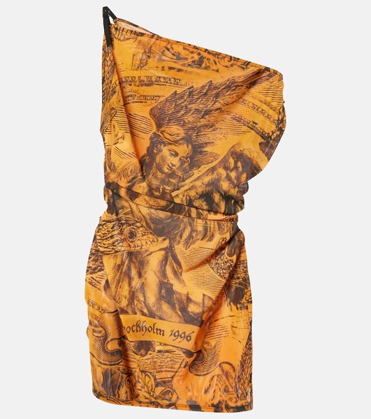 Printed one-shoulder mesh minidress