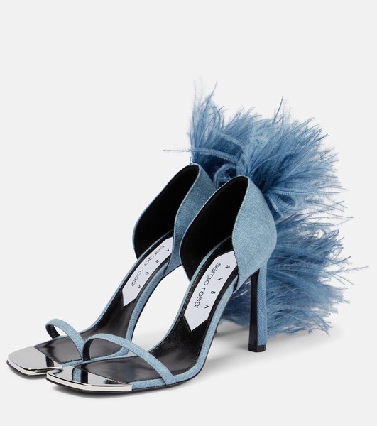 x Sergio Rossi Amazona feather-trimmed denim sandals