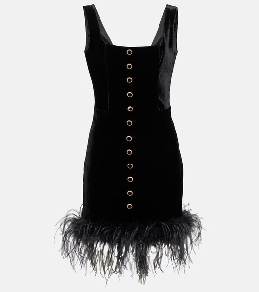 Feather-trimmed velvet minidress