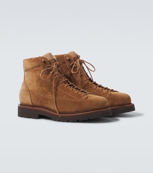 Corduroy-trimmed leather lace-up boots
