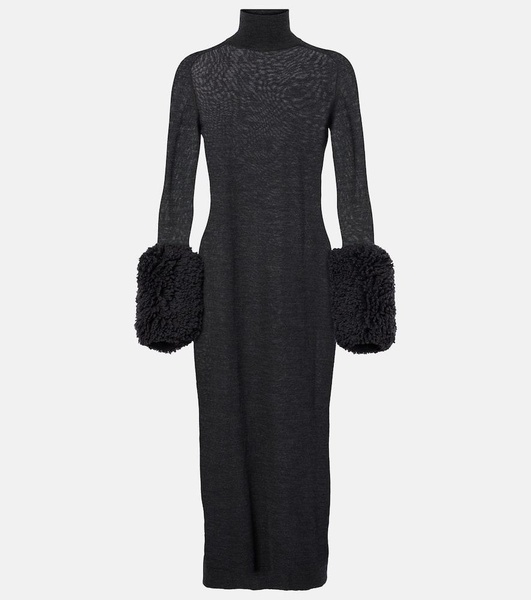 Faux shearling-trimmed virgin wool midi dress