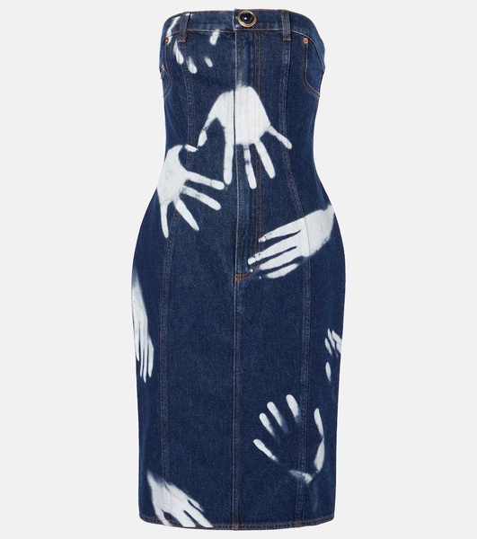 Printed strapless denim midi dress