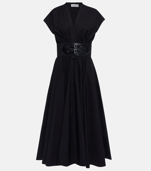 Belted cotton poplin midi dress