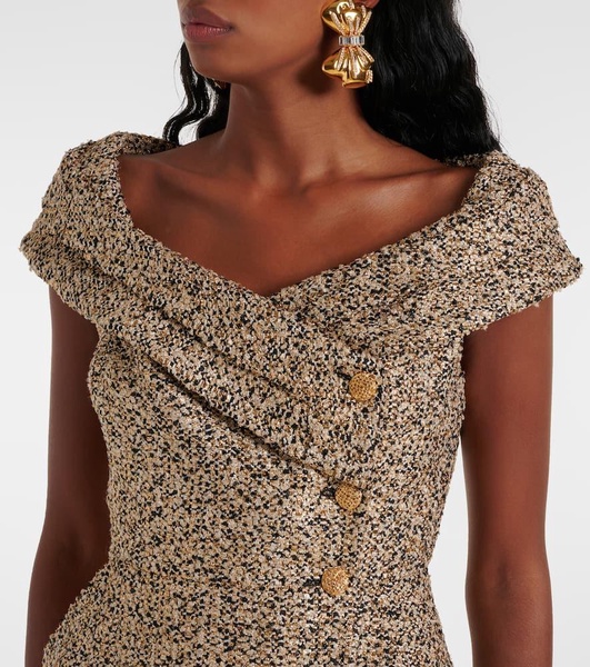 Off-shoulder tweed lamé midi dress