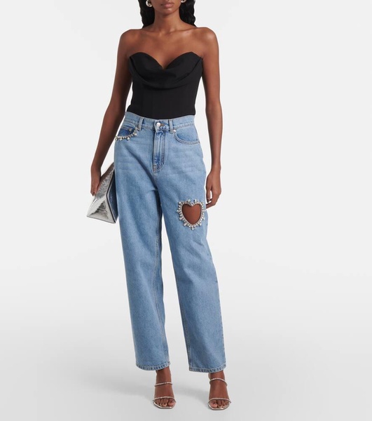 Crystal-embellished cutout straight jeans