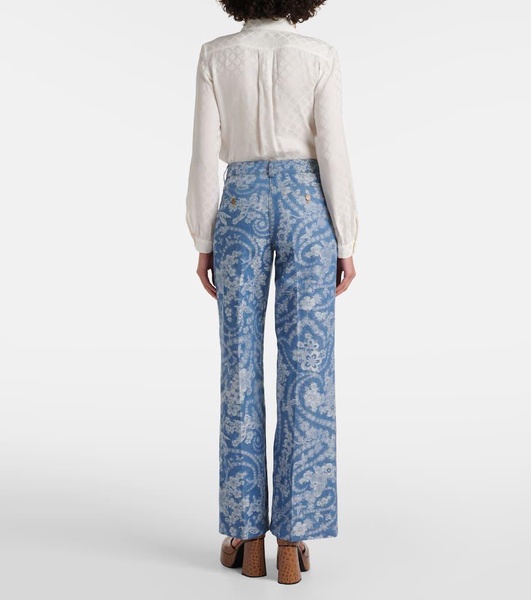 Printed cotton and linen wide-leg pants