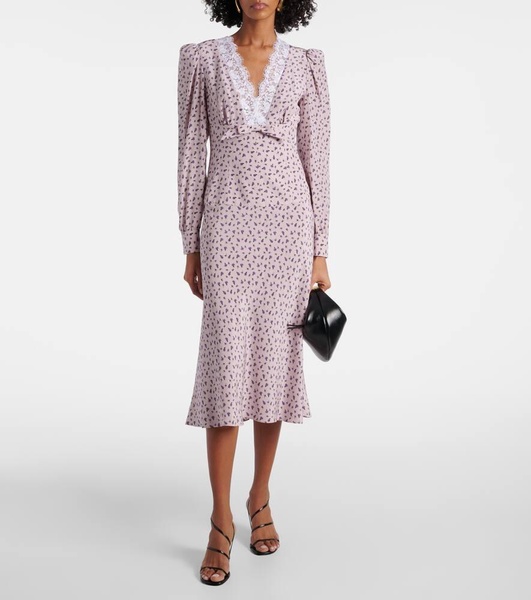 Floral lace-trimmed silk midi dress