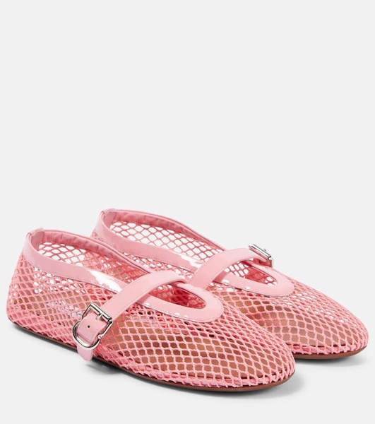 Patent leather-trimmed mesh flats