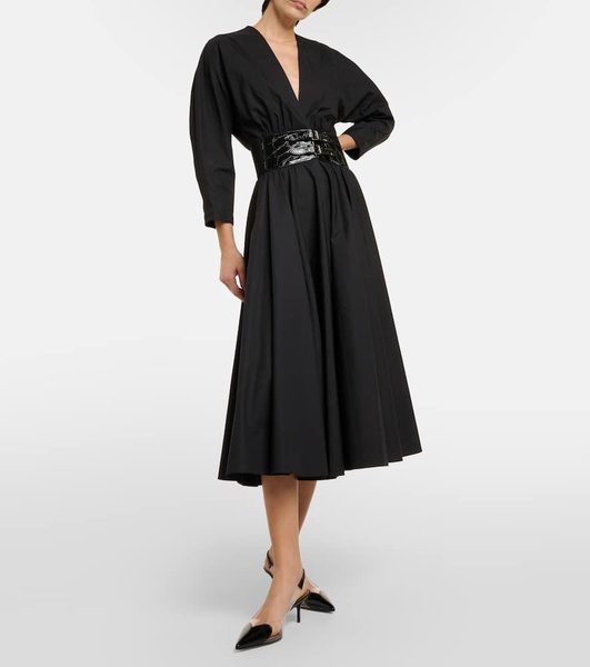 Leather-trimmed cotton midi dress