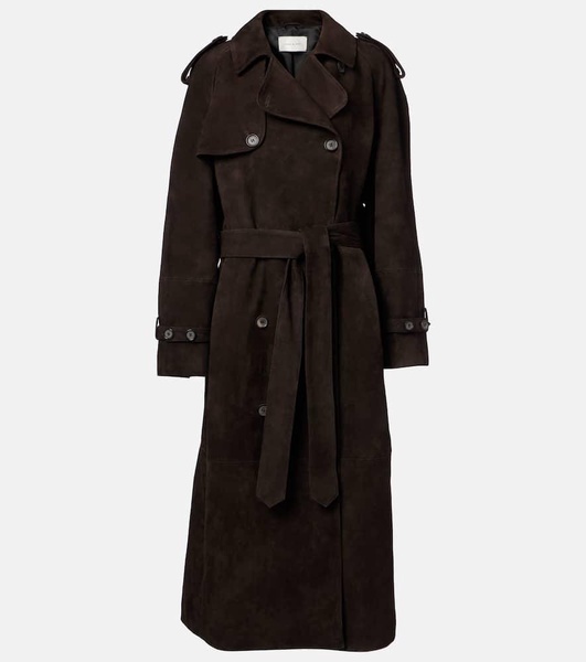 Double-breasted suede trench coat