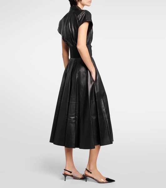 Belted leather midi dress