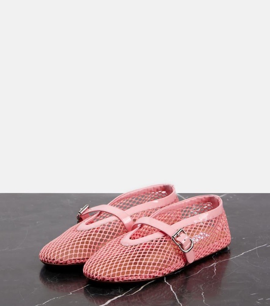 Patent leather-trimmed mesh flats