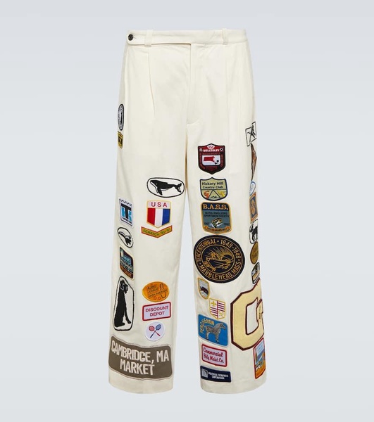 Cambridge patch-appliqué cotton canvas wide-leg pants