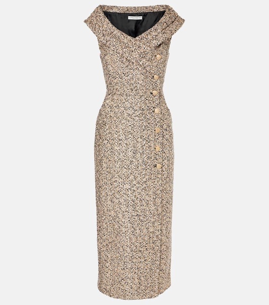 Off-shoulder tweed lamé midi dress