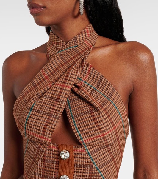 Checked halterneck wool-blend top