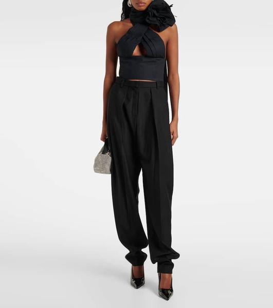 Floral-appliqué halterneck cotton poplin top