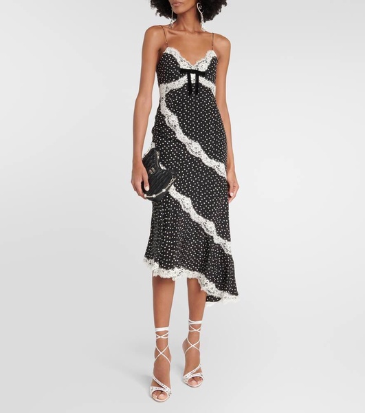 Lace-trimmed polka-dot silk midi dress