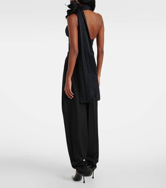 Floral-appliqué halterneck cotton poplin top
