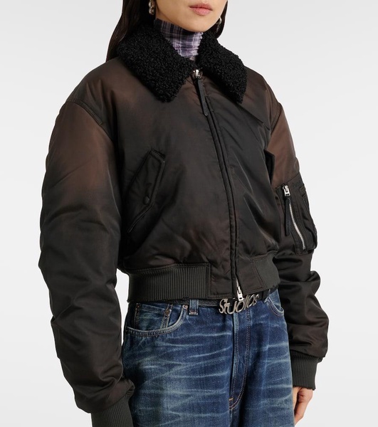 Cropped faux fur-trimmed bomber jacket
