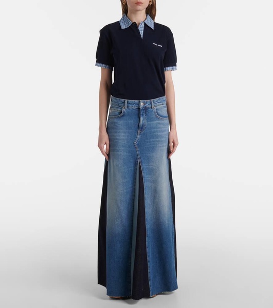 Patchwork high-rise denim maxi skirt