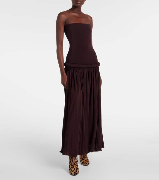 Strapless gathered jersey maxi dress