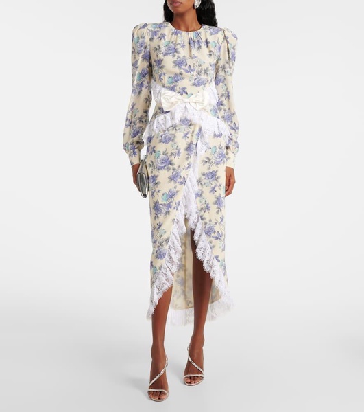 Bow-detail lace-trimmed silk maxi dress