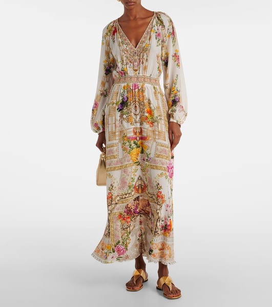 Floral shirred silk maxi dress