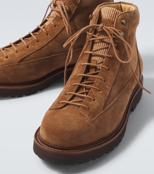 Corduroy-trimmed leather lace-up boots