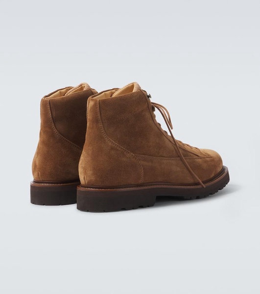 Corduroy-trimmed leather lace-up boots