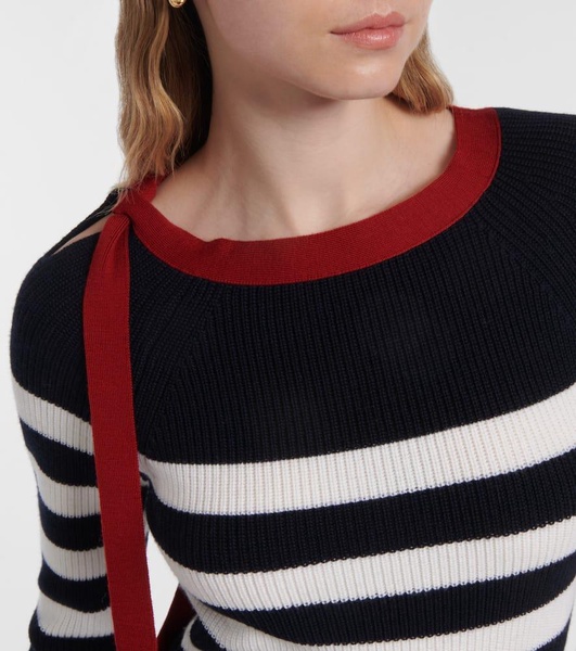 Bow-detail striped virgin wool sweater