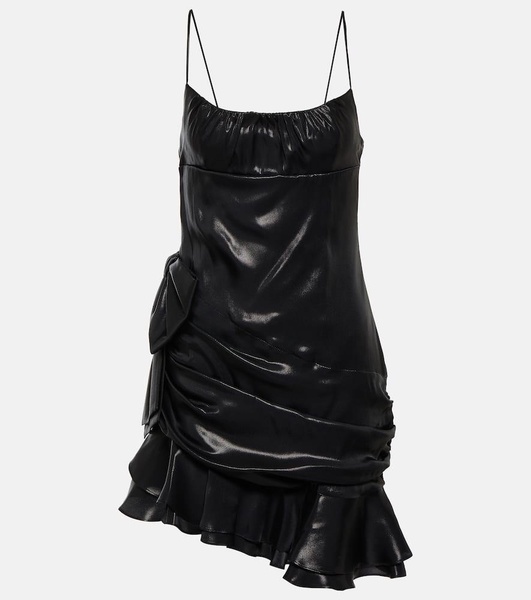 Laminated silk blend mini dress w/volant