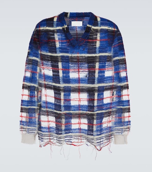 Distressed checked mohair-blend sweater